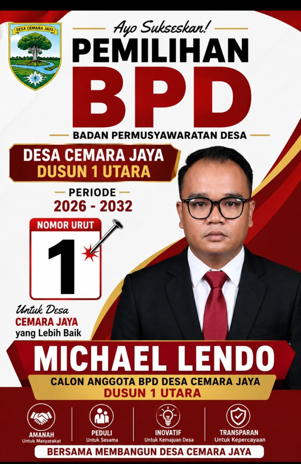 Michael Lendo Nomor 1 Calon BPD Desa Cemara Jaya, Usung Visi Bersama Membangun Desa Lebih Baik 