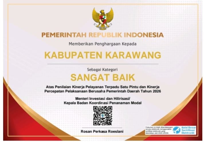 Karawang Raih Penghargaan Sangat Baik, Investasi Tembus Rp20,43 Triliun